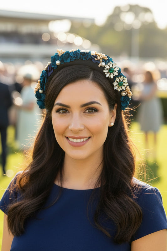 “Candice" Jewelled Headband - Deep Teale